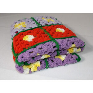 Handmade Knit Lap Blanket Throw Granny Squares Vintage 34x40" Multicolor